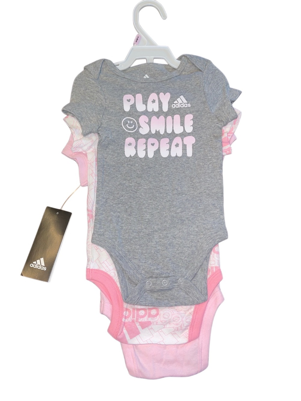 adidas Girls Grey & Pink 'Play Smile Repeat' 3-Pack Bodysuits